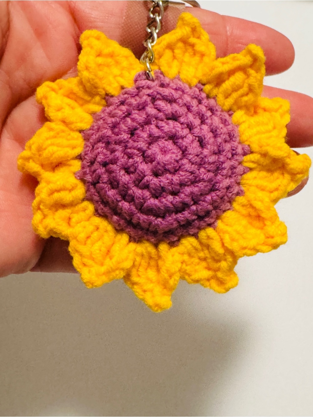 Handmade Yellow Sunflower Keychain with Purple Center - Picture 7 of 7